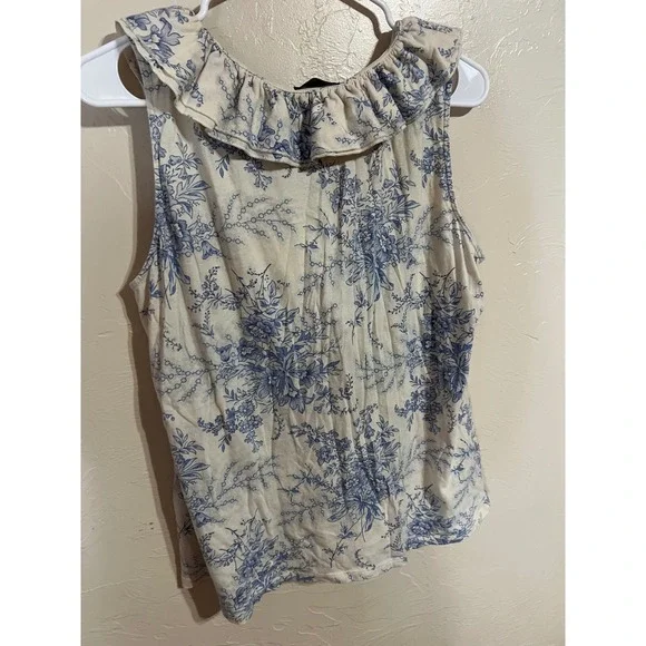 Lauren Ralph Lauren Floral Toile Ruffle V-Neck Sleeveless Cotton Top Blue XL - Picture 2 of 7